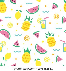 Summer pattern. Pineapple, drinks, watermelon, lemon, orange. Vector seamless background.