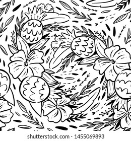 Summer pattern with pineapple, monstera, tropic flowers. Tropical pattern for coloring page