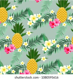 Summer pattern pineapple,Plumeria flower,leaf and tropical.Vector illustation