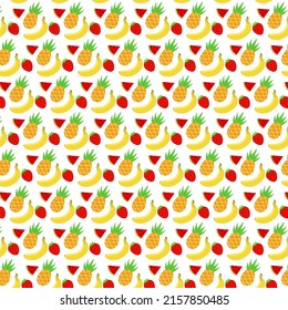 Summer pattern with pineapples, bananas, strawberries and watermelons. Bright summer pattern. Vector pattern.