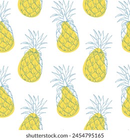 Sommermuster mit Ananas blaue Kontur Handzeichnung auf Hintergrund von gelben Flecken. 