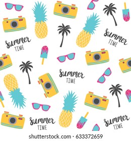 Summer pattern with pineapples, photo camera. Vector illustration    