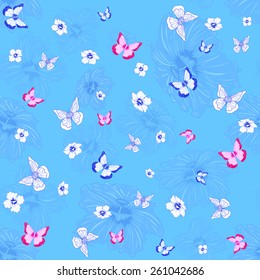 summer pattern with pink and blue  butterfly and flowers on blue background