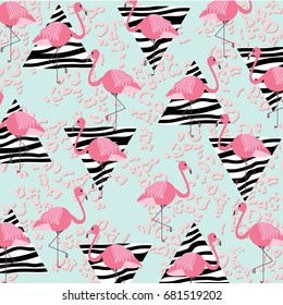 Summer pattern with pink flamingos,zebra textured triangles and leopard print.Abstract,geometric,vintage pattern in 90's style.For textile,texture,prints,wallpaper,t-shirt design.Vector illustration.