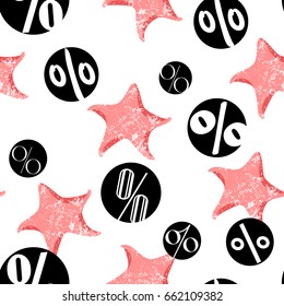 Summer pattern with pink starfish and percents. Flat style. Sale background. Vector.