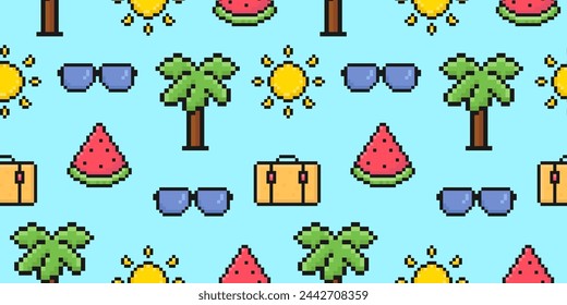 summer pattern with pixel art elements, sunglasses, palm, sun, watermelon, suitcase, seamless pattern for backgrounds, wrapping and more, vector illustration