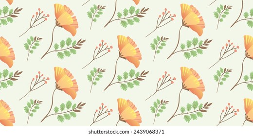 Patrón de verano con amapolas que florecen flores de verano sobre un fondo beige. El diseño floral alegre para el fondo, papel digital, papel pintado, tela. Patrón sin costuras. Ilustración vectorial.