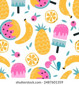 Patrón de verano con paletas y frutas frescas. Ilustración vectorial