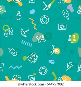 Summer pattern prints sun on the sea, beach cocktail and ice cream. Summer pattern print airplane and camera. Sea print pattern sun umbrella and suitcase