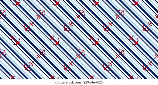 Summer pattern. Red anchors and navy blue diagonal stripes, lines, marine, sailor style seamless pattern design. Nautical geometric background