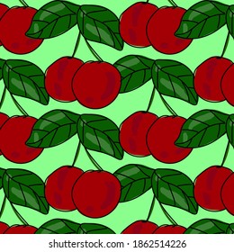 patrón de verano con cerezas rojas maduras sobre fondo verde brillante