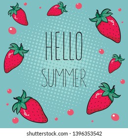 Summer pattern with red strawberries and Hello Summer lettering. Berry bright background. Vector illustration
