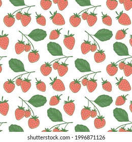 Sommermuster mit roten Erdbeerbeeren. Nahtlose Beerengrafik mit botanischen Elementen. Zum Drucken auf Stoff, Kleidung, Verpackung und vieles mehr.