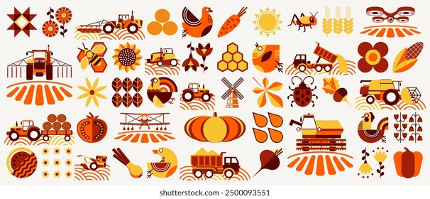 Summer pattern related to farm, farming, gardening, smart farm, farm birds, sowing. Mosaic style. Simple geometric shapes. Background of grain, poultry, beekeeping, agricultural machinery, vegetables.