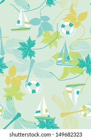 Summer Pattern with Sailing Boats and Dragonflies