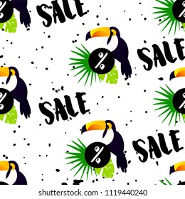 Summer pattern for sale with cute toucan, palm leaves and text on white background. Ornament for textile and wrapping. Vector.