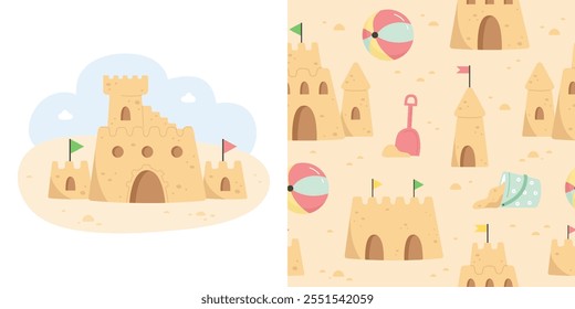 Summer pattern with sand castle and children toys