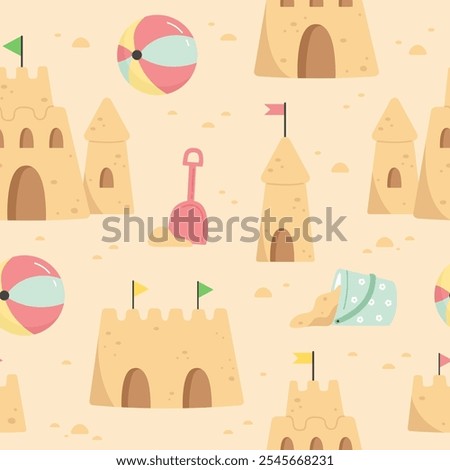 Summer pattern with sand castle and children toys