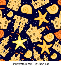 Summer pattern with sand castles. Cartoon style. Vector illustration