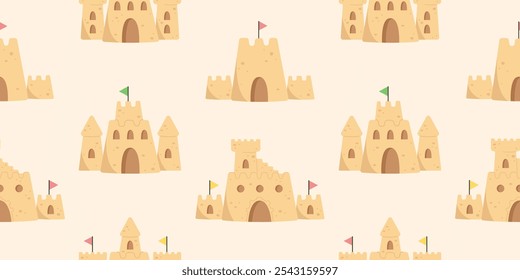Summer pattern with sandcastles on the beach