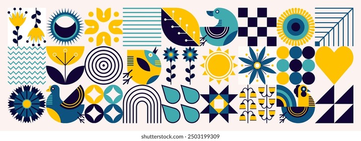 Summer pattern. Scandinavian style. Ukrainian symbols. Natural flower plants, poultry farming, crop production, agriculture. Abstraction. Vector minimal illustration