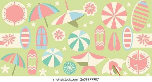 Summer Pattern Seamless Beach Themed Design with Surfboards and Umbrellas