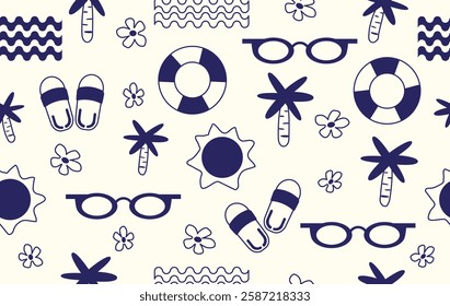 Summer pattern seamless fabric summer season. beach elements on blue tone color on white. Designed for background ,wallpaper ,summer pattern ,wrapping paper ,travel ,holiday ,weekend ,vacation ,trip