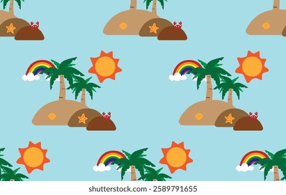 Summer pattern seamless fabric summer season. island middle of the sea blue background. Designed for background ,wallpaper ,summer pattern ,wrapping paper ,travel ,holiday ,weekend ,vacation ,beach