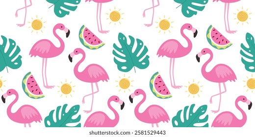 Summer pattern seamless with flamingos, watermelon, tropical leaves and sun.