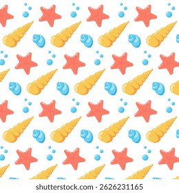 Summer pattern, seamless pattern. Hello Summer Vector illustrations, summer vacation, beach elements, seashells, starfish.