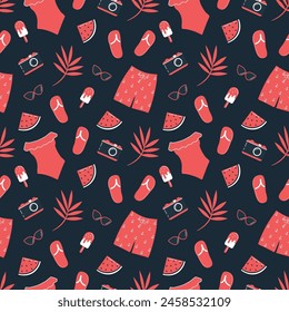 Summer Pattern. Seamless Print with Red Beach Accessories, ice-cream, watermelon, tropical leaves. Cute Background. Vector illustration on dark blue background