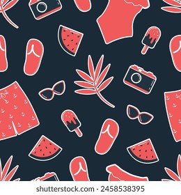 Summer Pattern. Seamless Print with Red Summer Stickers. Beach Accessories, ice-cream, watermelon, camera, tropical leaves. Cute Background. Vector illustration on dark blue background