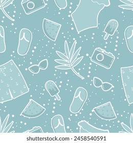 Summer Pattern. Seamless Print with Summer Stickers. Beach Accessories, ice-cream, watermelon, camera, tropical leaves, dots. Cute Background. Vector illustration on light blue background