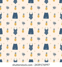 Summer pattern. Seamless template with blue swimsuits, pineapples, shells, tropical leaves. Vector illustration on beige background