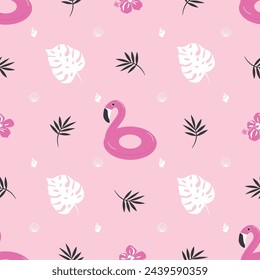 Summer pattern. Seamless template with pink flamingo, tropical flowers and leaves, shells. Vector illustration on pink background