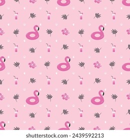 Summer pattern. Seamless template with pink flamingo, coctail, tropical flowers and leaves, shells. Vector illustration on pink background