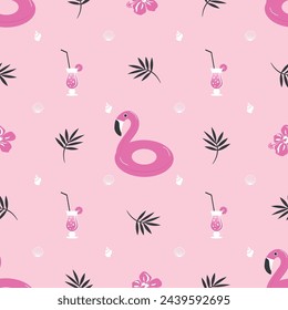 Summer pattern. Seamless template with pink flamingo, coctail, tropical flowers and leaves, shells. Vector illustration on pink background