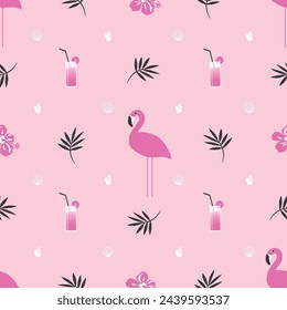 Summer pattern. Seamless template with pink flamingo, coctails, tropical flowers and leaves, shells. Vector illustration on pink background