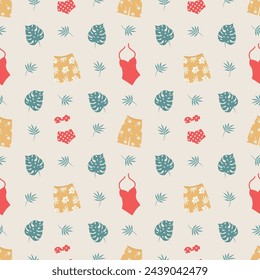 Summer pattern. Seamless template with red swimsuits, yellow swimming trunks, green tropical leaves. Vector illustration on beige background