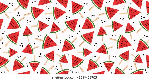 Summer pattern, seamless. Watermelon, slices of food. Cut juicy cartoon fruits, berries. Cold dessert. Diet food. Repeating background.
