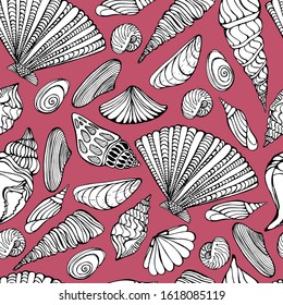 Summer pattern with seashells. Hand-drawn graphics marine theme, treasures of the ocean. beautiful shells of different shapes. Seamless pattern on red, pink isolate. for packaging, wallpaper, textiles
