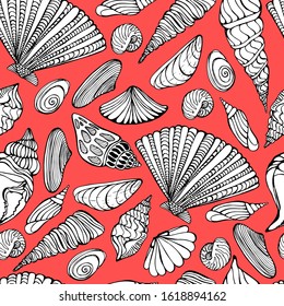 Summer pattern with seashells. Hand-drawn graphics marine theme, treasures of the ocean. beautiful shells of different shapes. Seamless pattern on red, pink isolate. for packaging, wallpaper, textiles