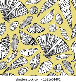 Summer pattern with seashells. Hand-drawn graphics marine theme, treasures of the ocean, sea. beautiful shells of different shapes. Seamless pattern on sand, yellow isolate. for packaging, wallpaper.