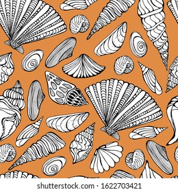 Summer pattern with seashells. Hand-drawn graphics marine theme, treasures of the ocean, sea. beautiful shells of different shapes. Seamless pattern on sand, yellow isolate. for packaging, wallpaper.