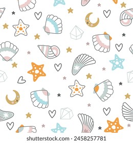 Summer pattern with seashells, stars. Printing for children's clothing and pastel linen. Vector illustration