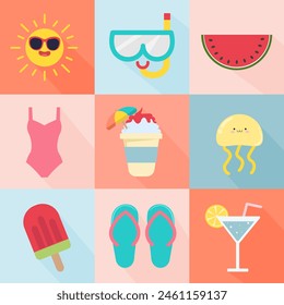 Summer pattern. Set of vector Summer posters. Ice cream, beach umbrella, flip flops and a cocktail . Abstract vector background patterns. Perfect background for posters, cover art, flyer, banner.