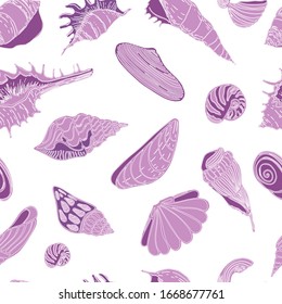 Summer pattern with shells, pearls, snail. Hand-made graphics of marine subjects, treasures of the ocean, sand, sea. beautiful shells of different shapes. For wallpaper, paper, textile. Stock Graphics