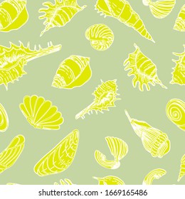 Summer pattern with shells, pearls, snail. Hand-made graphics of marine subjects, treasures of the ocean, sand, sea. beautiful shells of different shapes. For wallpaper, paper, textile. Stock Graphics