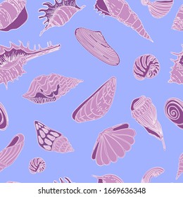 Summer pattern with shells, pearls, snail. Hand-made graphics of marine subjects, treasures of the ocean, sand and  sea. beautiful shells of different shapes. For wallpaper, paper, textile. Stock Graphics
