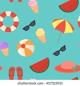 Summer pattern with simple shapes of sunglasses, ball, ice cream, etc on blue background.